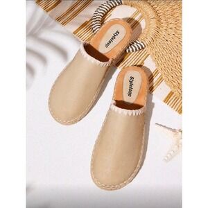 SmWomen Beige Suede Espadrille Mules Flat Slip On Shoes Size 6.5